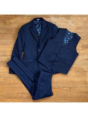 Leo & Zachary Boys Suit Size 10 Navy Blue 3 Piece Set Blazer Vest Pants